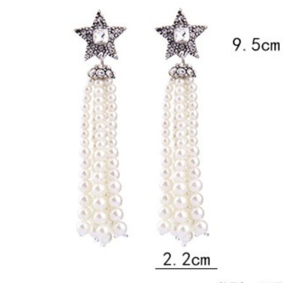 Crystal Faux Pearl Tassel Drop Earrings - Picture 2 of 3